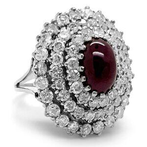 WOMENS Vintage 14K Gold, Diamond and Ruby Vintage Triple Halo Cocktail Ring 1970